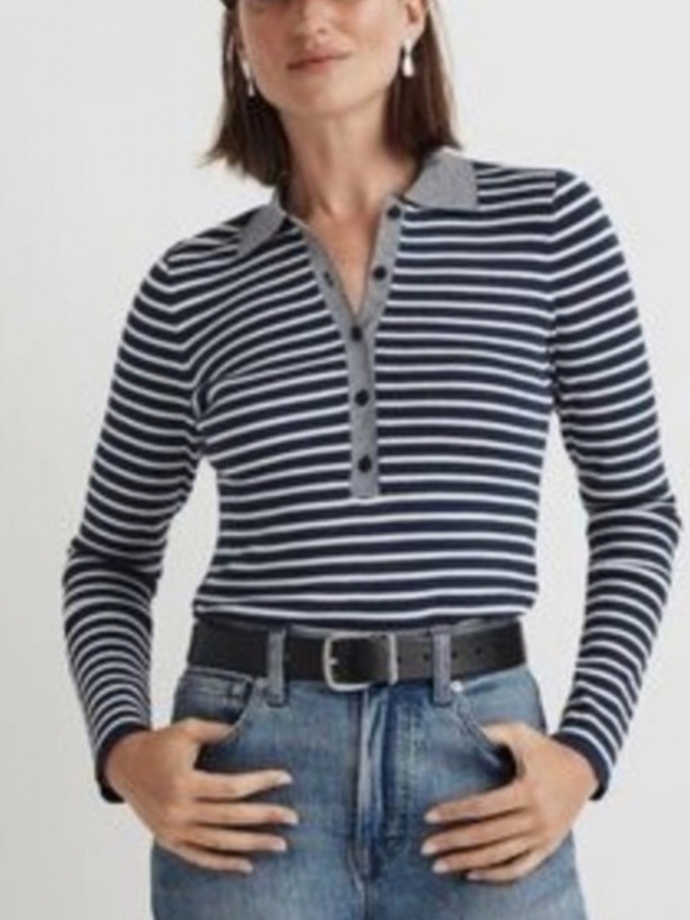 Madewell Navy & White Striped Long Sleeve Ribbed Polo Sweater Womens L